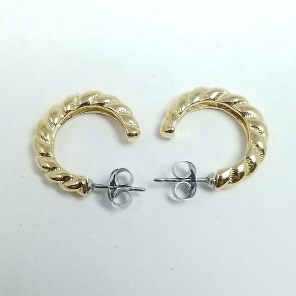 Vintage Little Gold Tone Huggie Hoop Earrings, Small Spiral Design, Estate - Picture 2 of 5